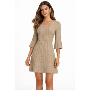 2000s Kenji Alpaca Blend Knit Dress XS/S Fitted Tan Bell Sleeve